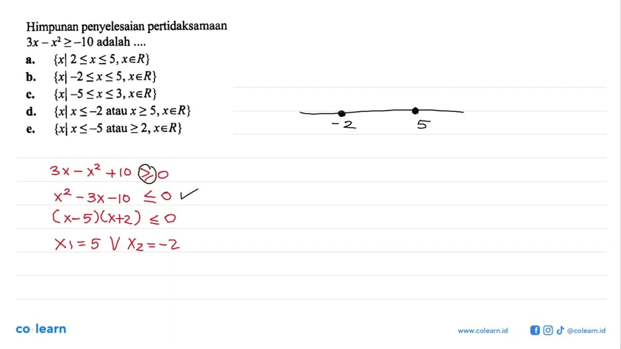 Himpunan penyelesaian pertidaksamaan 3x-x^2>=-10 adalah