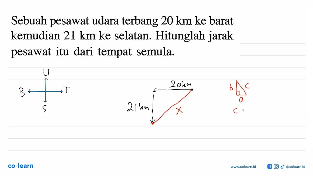 Sebuah pesawat udara terbang 20 km ke barat kemudian 21 km