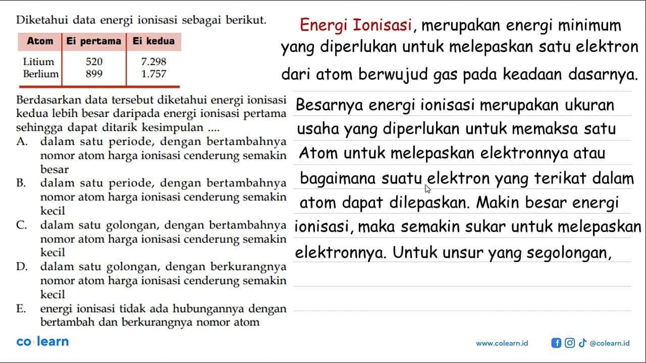 Diketahui data energi ionisasi sebagai berikut. Atom Ei