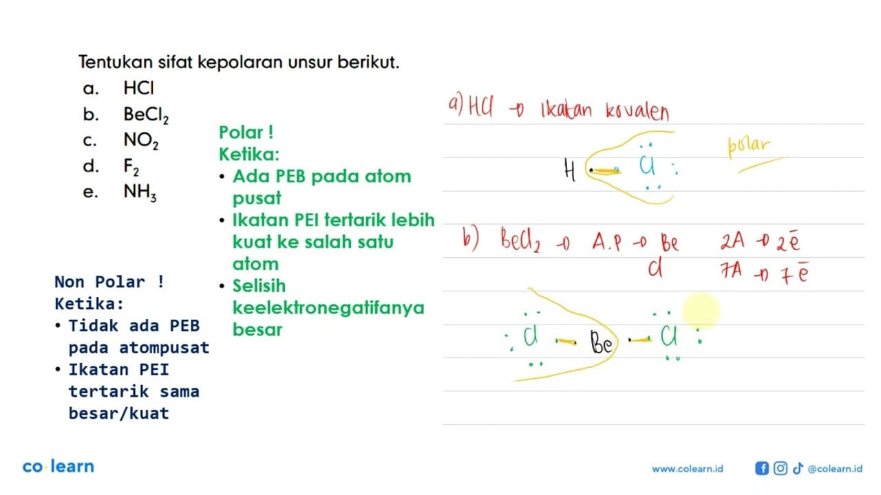 Tentukan sifat kepolaran unsur berikut. a. HCl b. BeCl2 c.