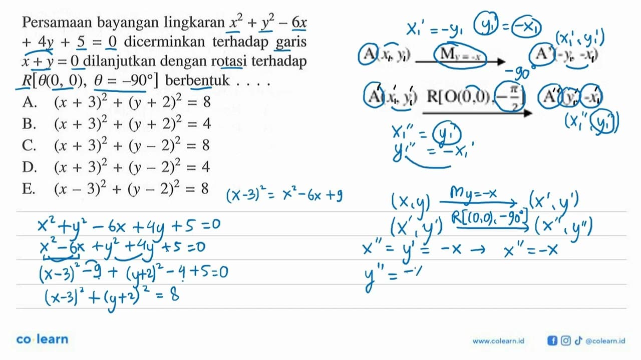 Persamaan bayangan lingkaran x^2+y^2-6x+4y+5=0 dicerminkan