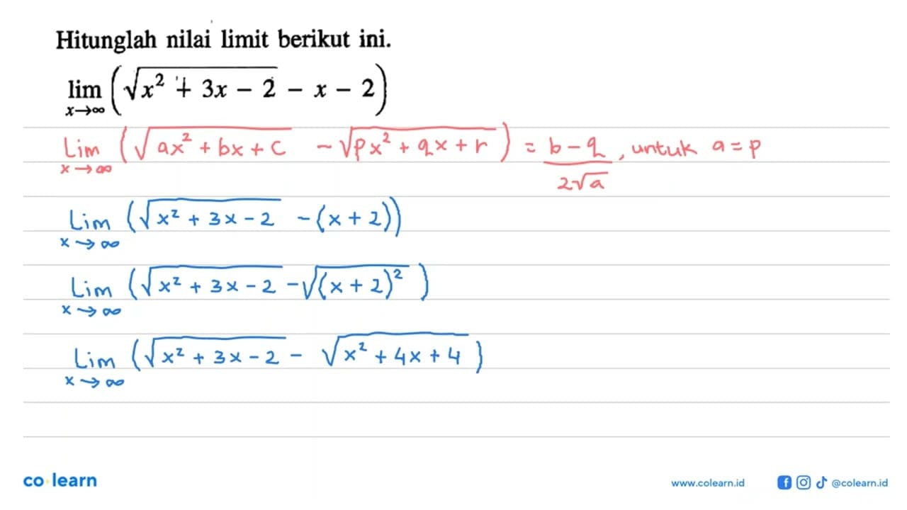 Hitunglah nilai limit berikut ini.limit x mendekati tak