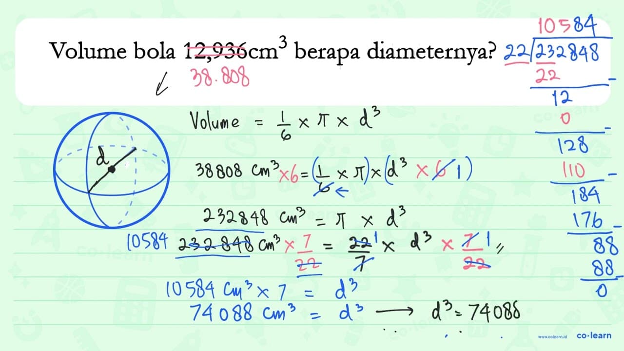 Volume bola 12,936 cm^3 berapa diameternya?