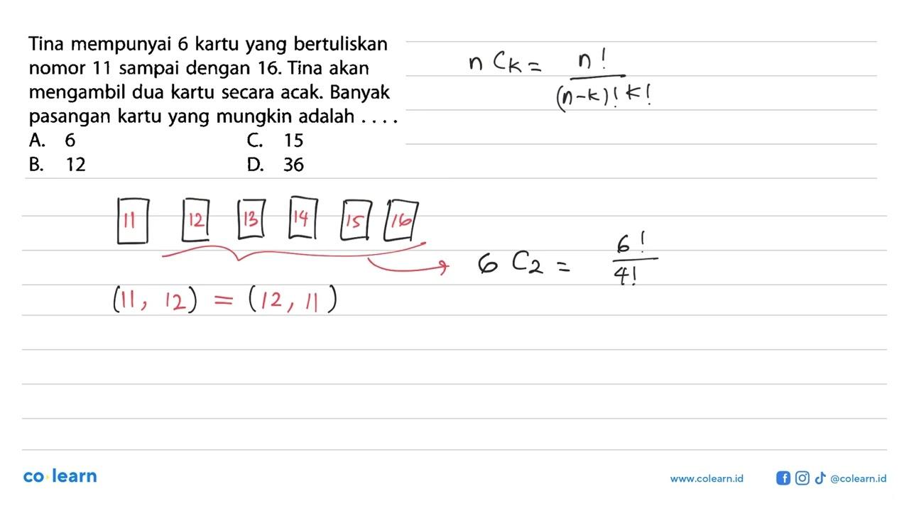 Tina mempunyai 6 kartu yang bertuliskan nomor 11 sampai