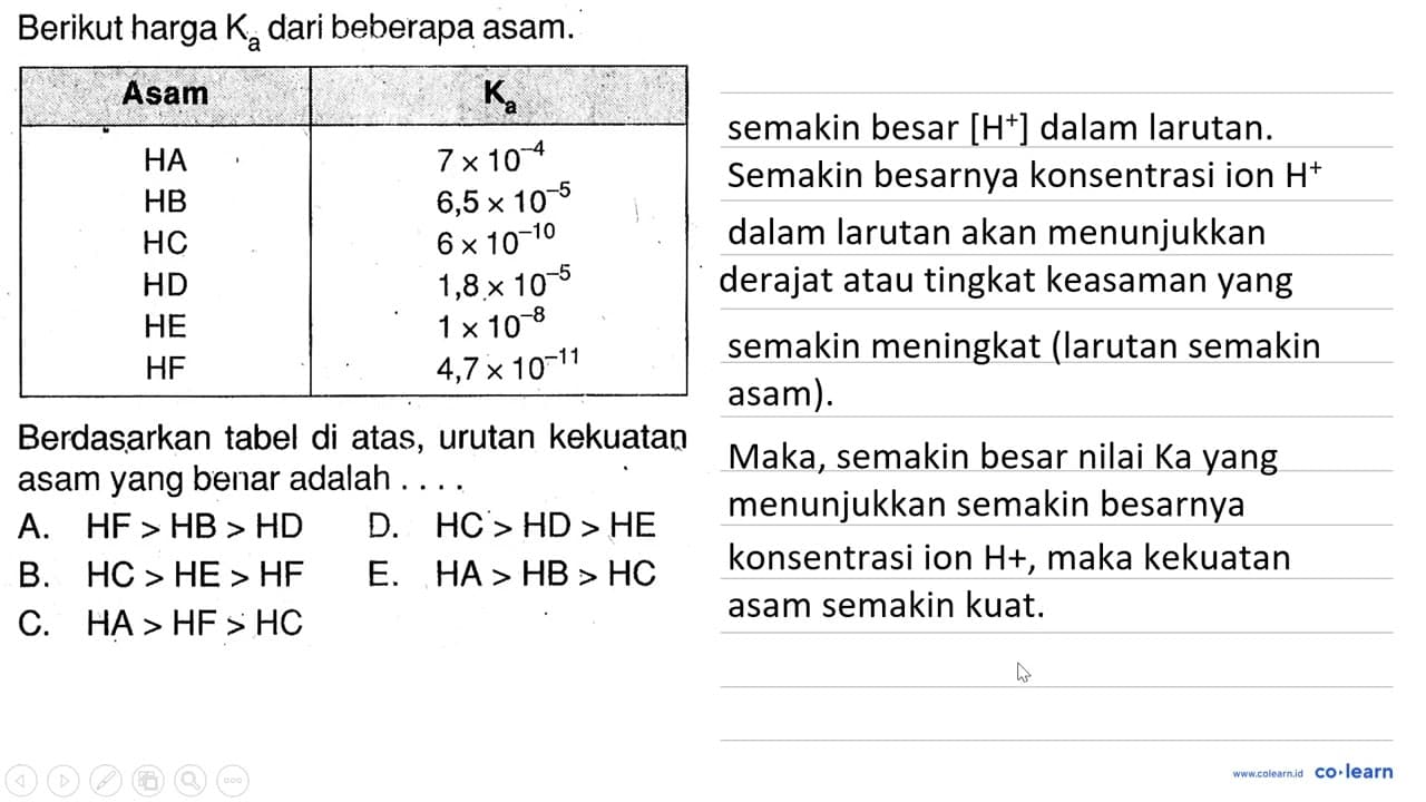 Berikut harga Ka dari beberapa asam. Asam Ka HA 7 x 10^-4