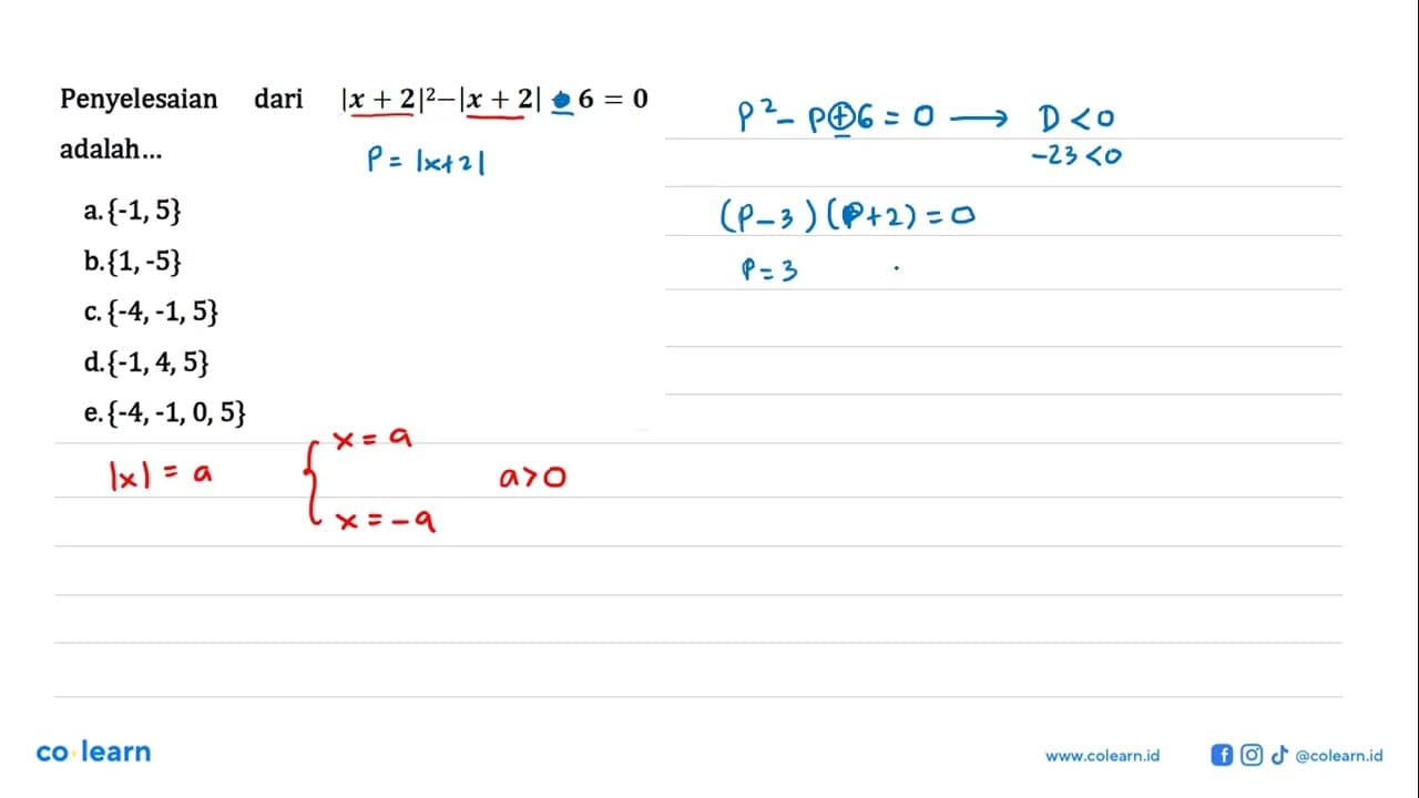 Penyelesaian dari |x+2|^2-|x+2|+6=0 adalah ....