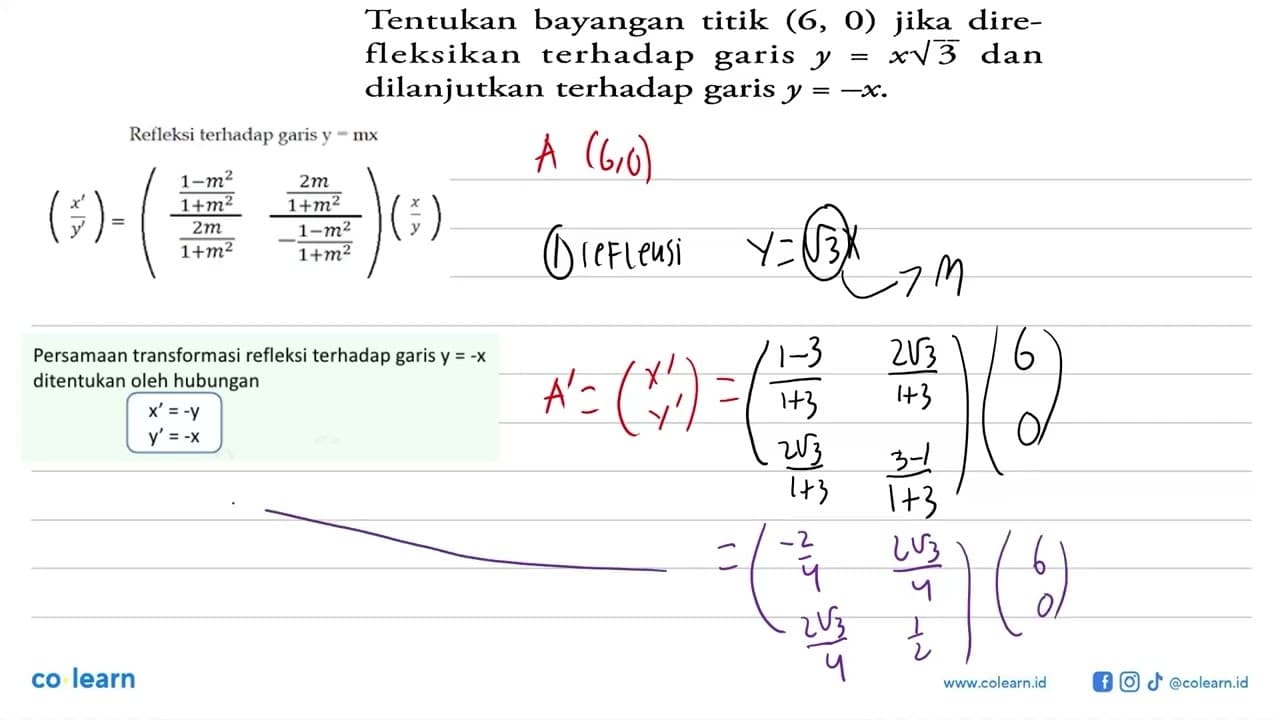 Tentukan bayangan titik (6, 0) direfleksikan terhadap garis