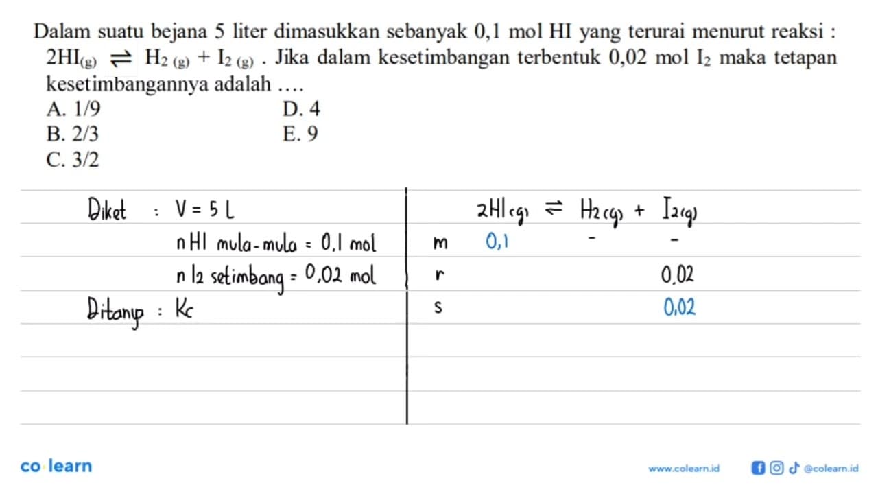 Dalam suatu bejana 5 liter dimasukkan sebanyak 0,1 mol HI