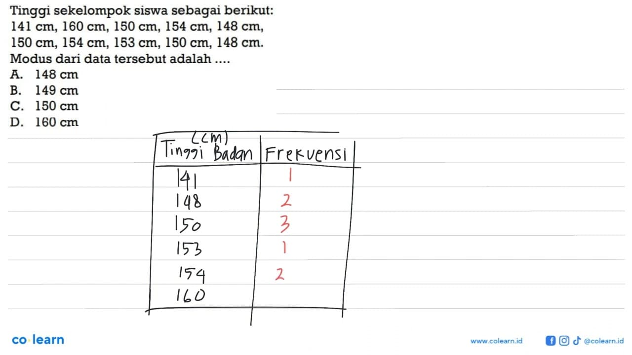 Tinggi sekelompok siswa sebagai berikut: 141 cm, 160 cm,