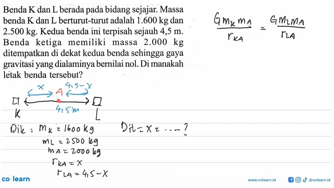 Benda K dan L berada pada bidang sejajar. Massa benda K dan