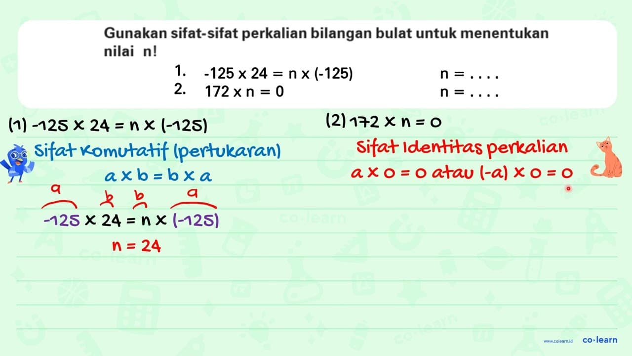 1. -125 x 24 = n x (-125) n = ... 2. 172 x n = 0 n = ...