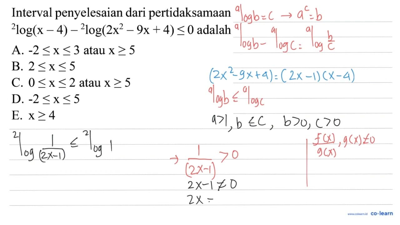 Interval penyelesaian dari pertidaksamaan { )^(2) log