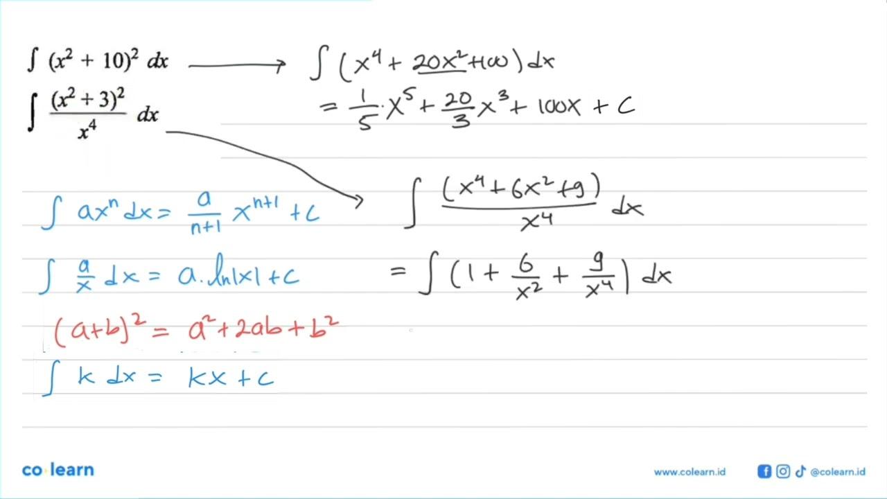 integral (x^2+10)^2 dx integral ((x^2+3)^2)/(x^4) dx