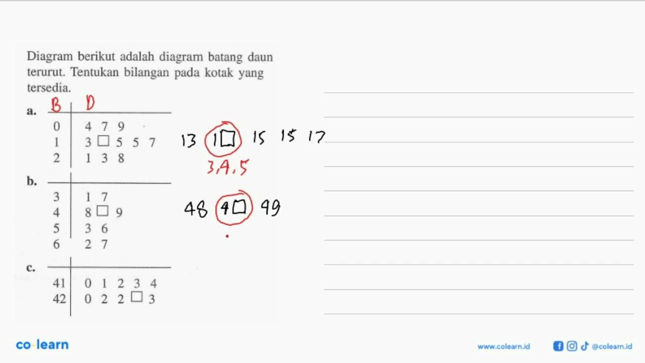 Diagram berikut adalah diagram batang daun terurut.