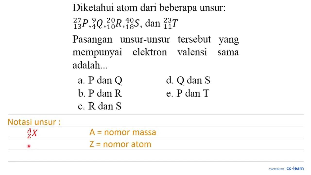 Diketahui atom dari beberapa unsur: { )_(13)^(27) P,{