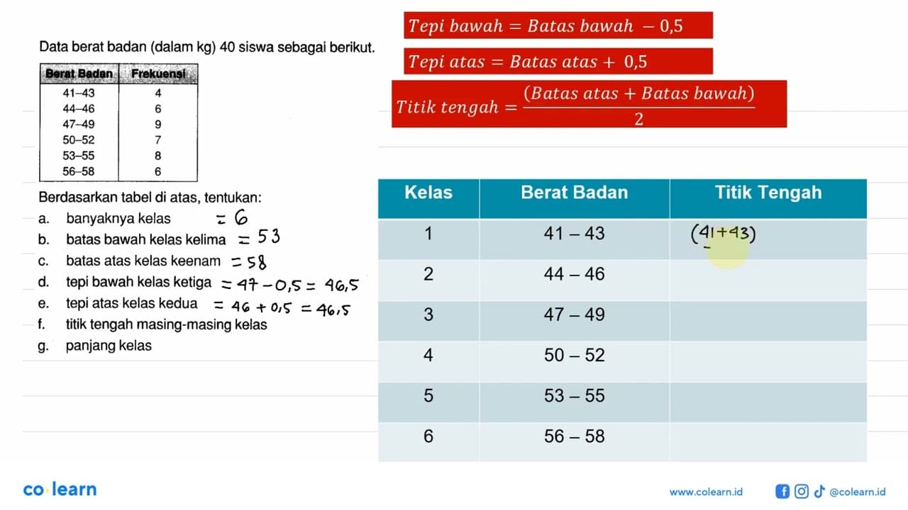 Data berat badan (dalam kg) 40 siswa sebagai berikut. Berat
