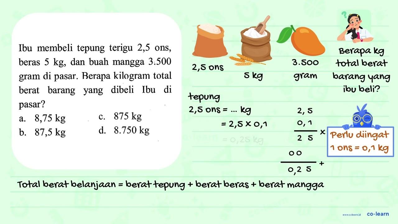 Ibu membeli tepung terigu 2,5 Ons, beras 5 kg, dan buah