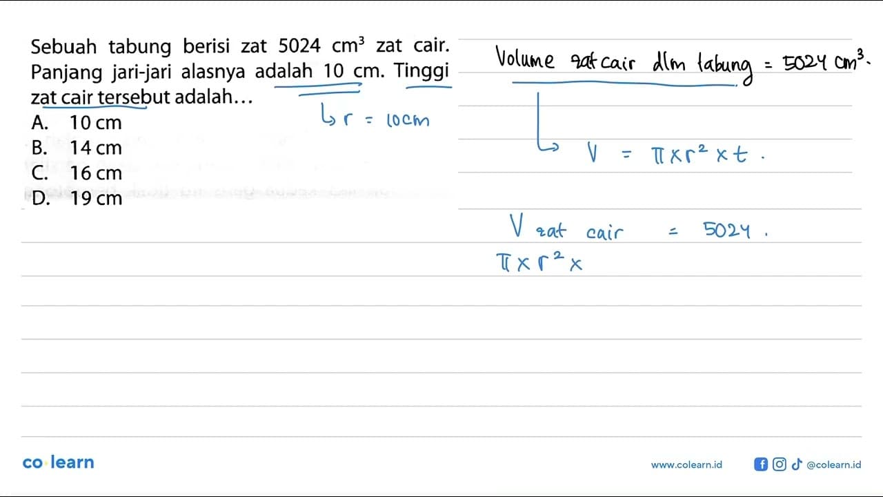 Sebuah tabung berisi zat 5024 cm^3 zat cair. Panjang