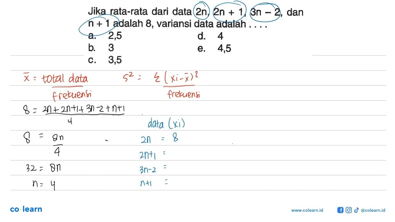 Jika rata-rata dari data 2n, 2n + 1, 3n - 2, dan n + 1