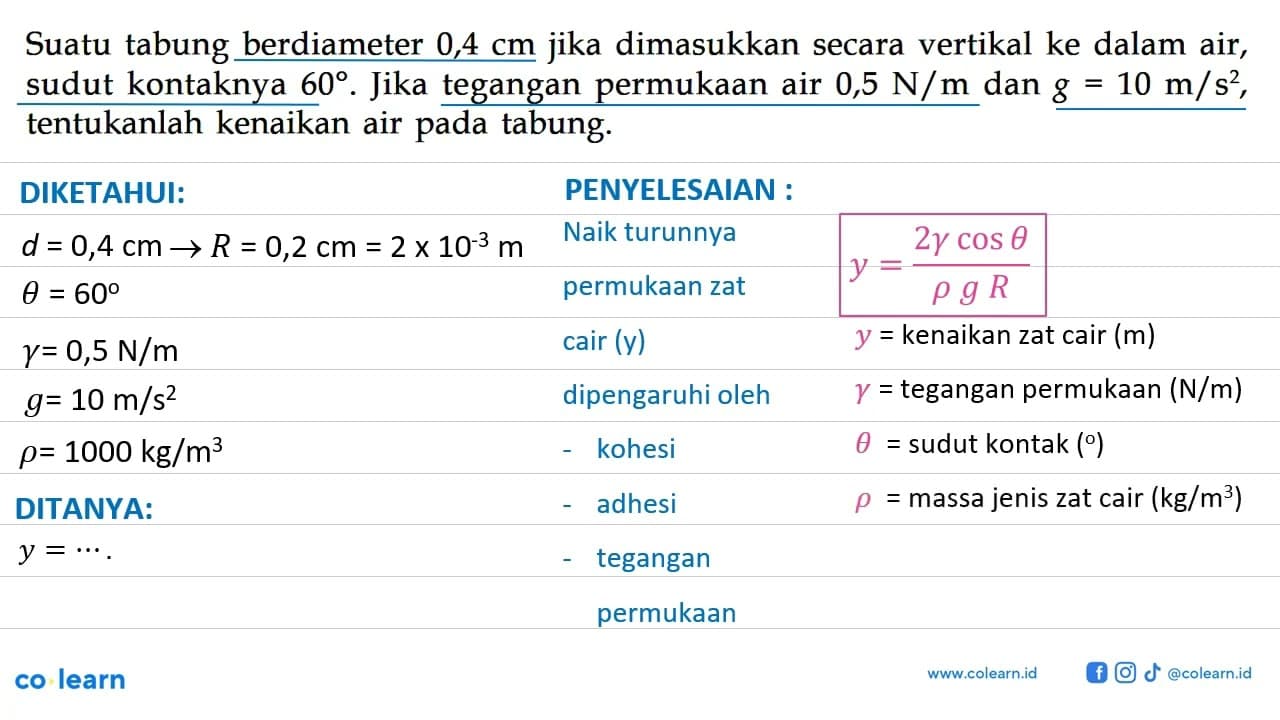 Suatu tabung berdiameter 0,4 cm jika dimasukkan secara