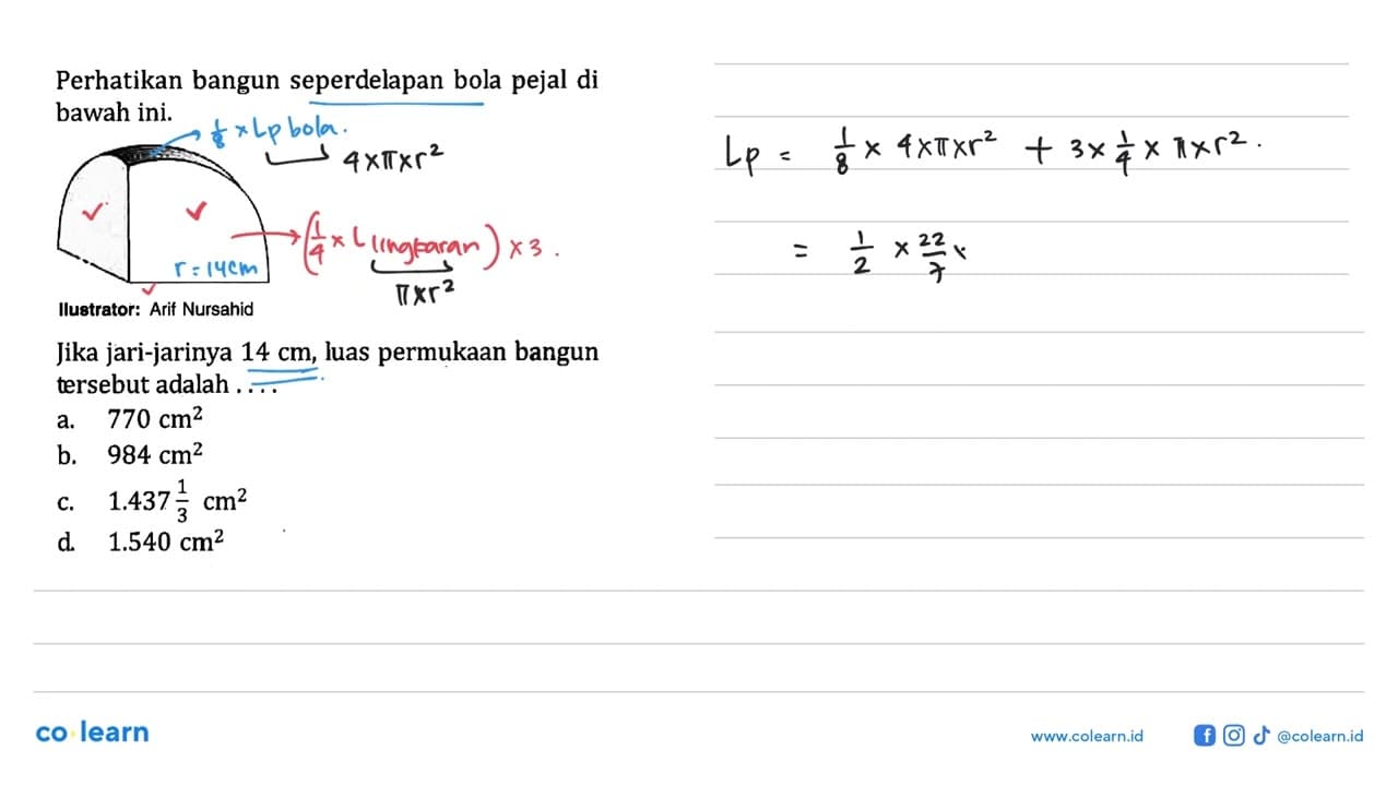 Perhatikan bangun seperdelapan bola pejal di bawah ini.