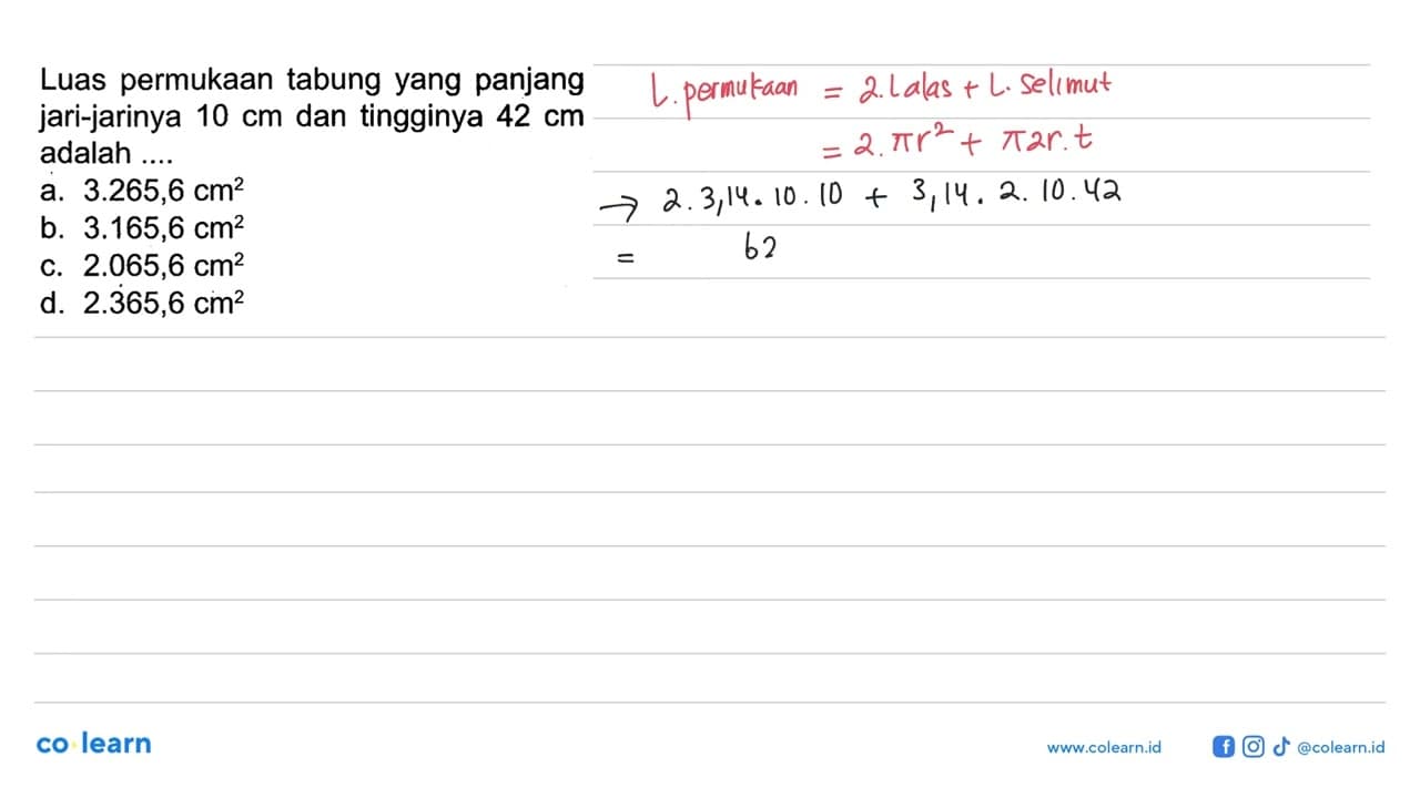 Luas permukaan tabung yang panjang jari-jarinya 10 cm dan