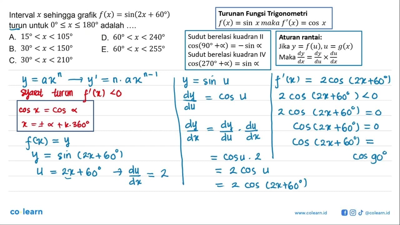 Interval x sehingga grafik f(x)=sin(2x+60) turun untuk