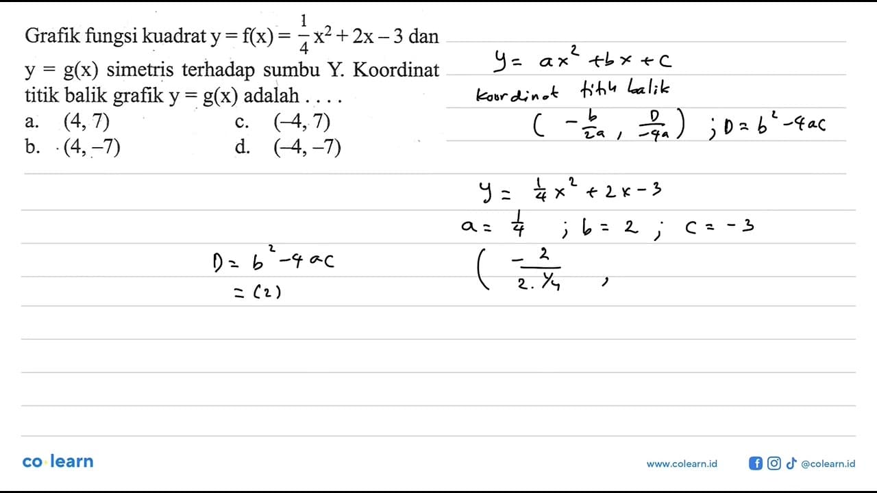 Grafik fungsi kuadrat y=f(x)=1/4 x^2+2x-3 dan y=g(x)