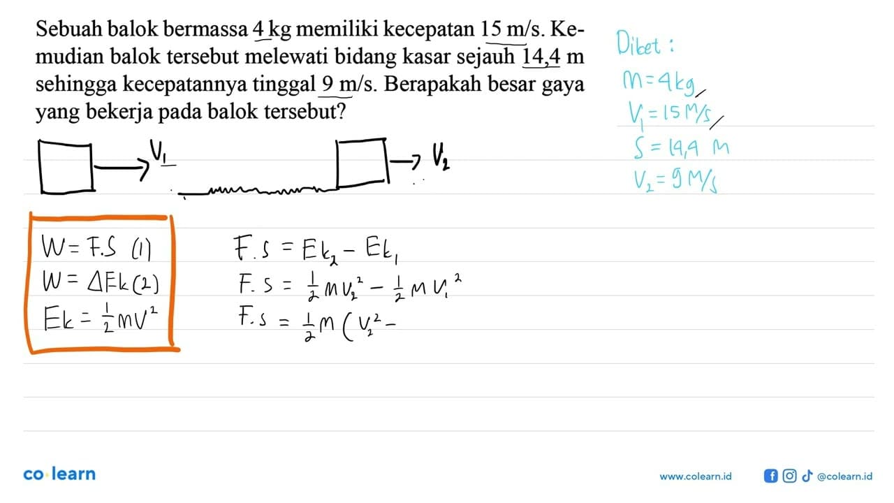 Sebuah balok bermassa 4 kg memiliki kecepatan 15 m/s.