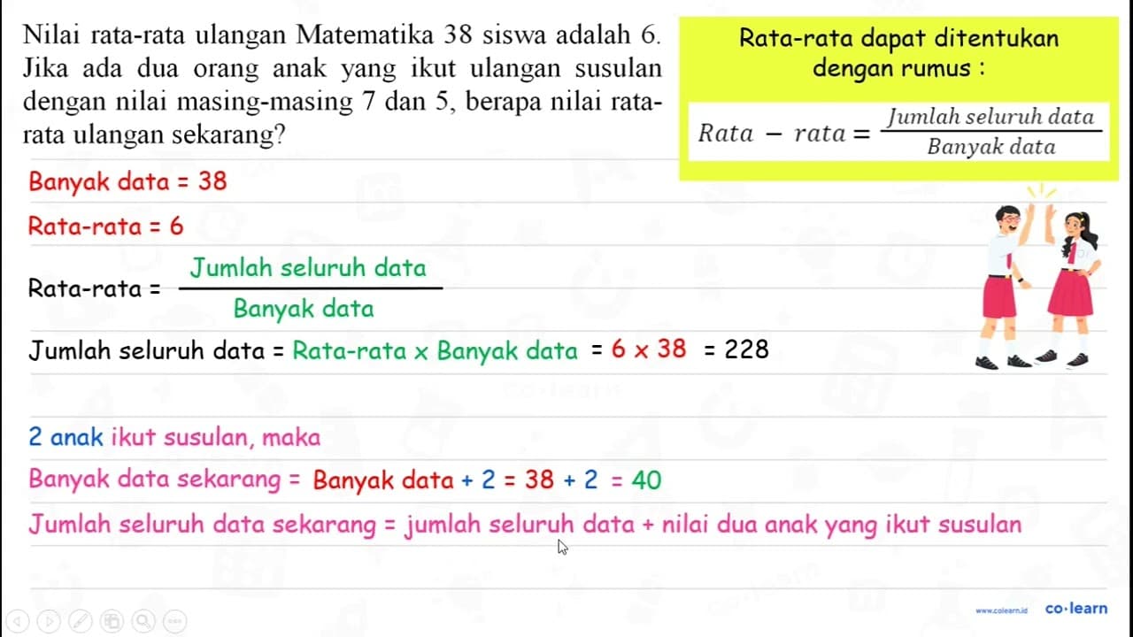 Nilai rata-rata ulangan Matematika 38 siswa adalah 6 . Jika