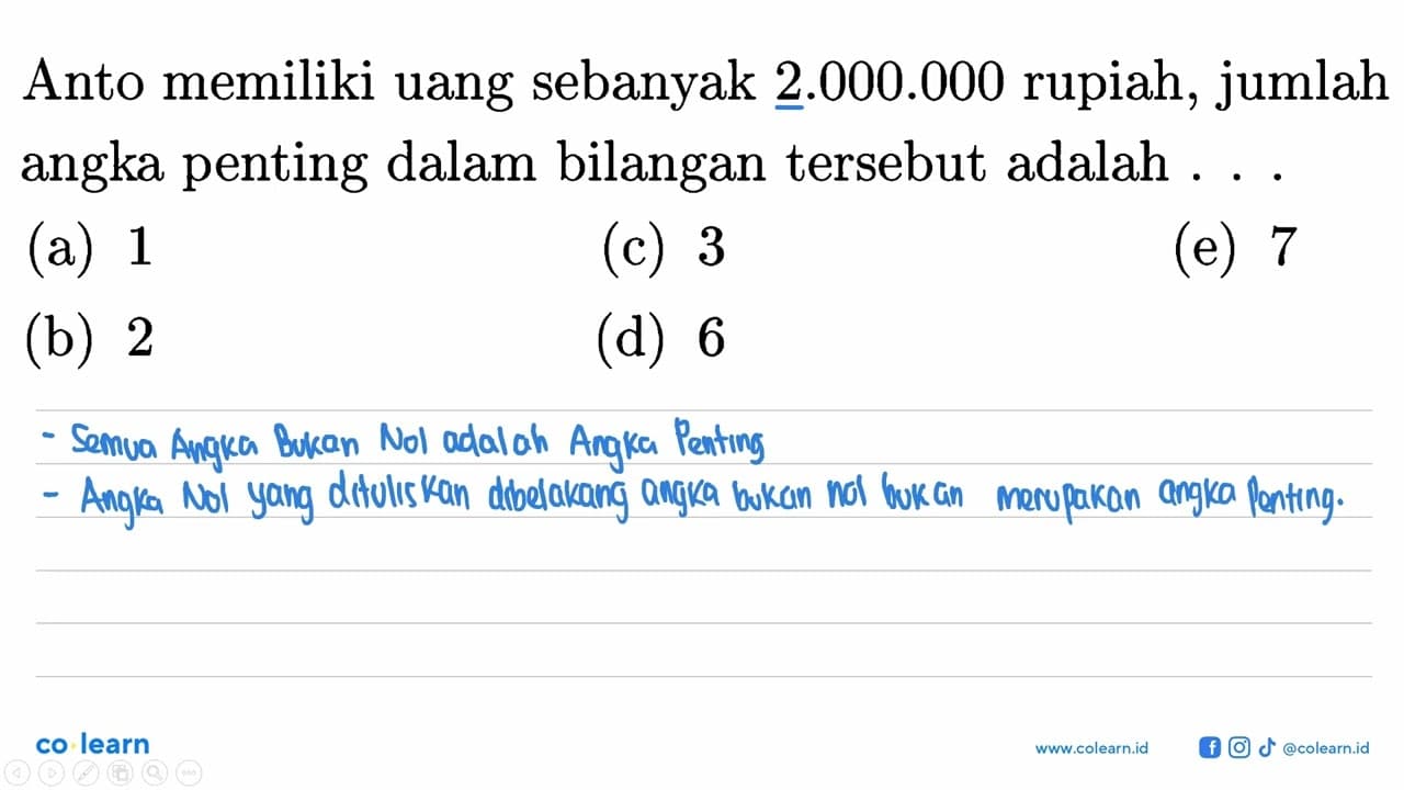 Anto memiliki uang sebanyak 2.000.000 rupiah, jumlah angka