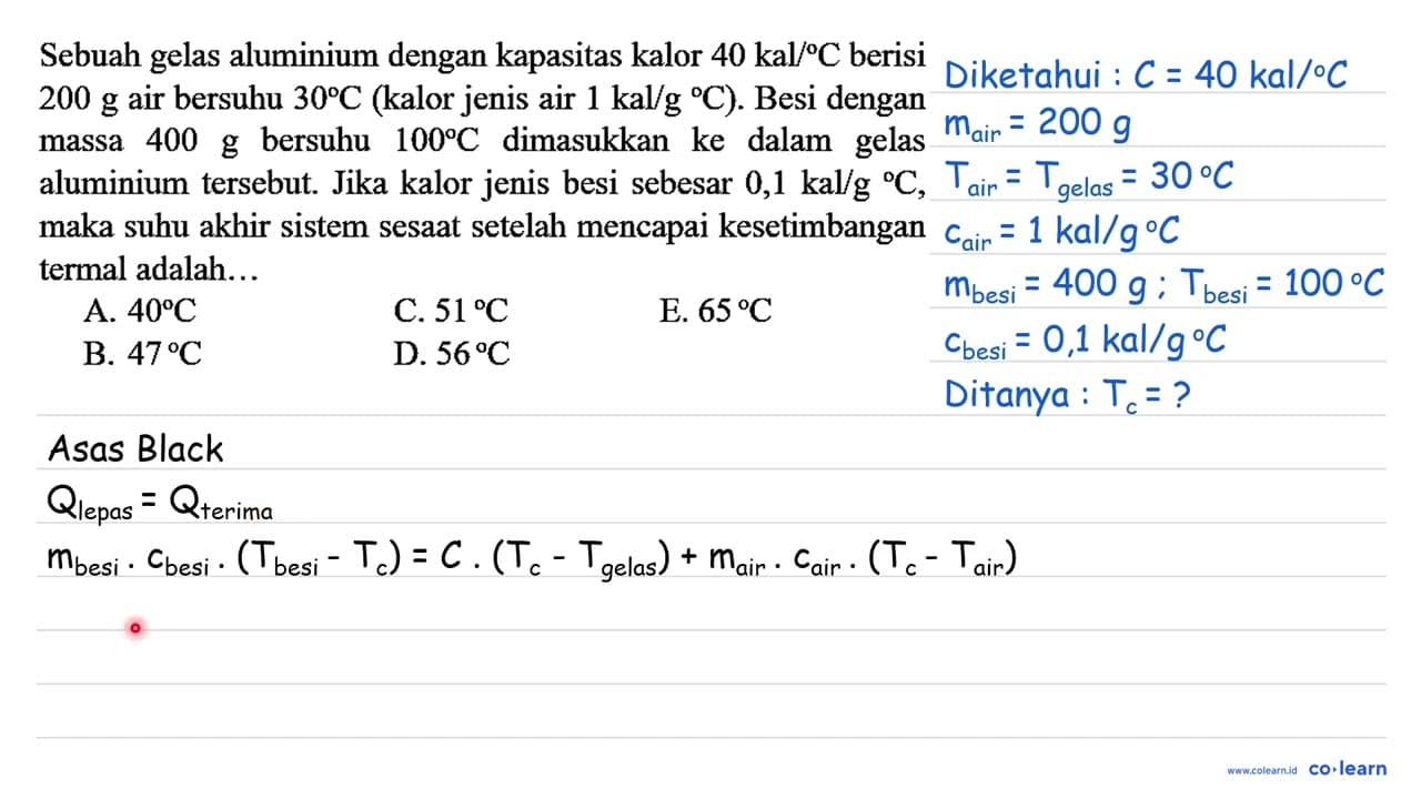 Sebuah gelas aluminium dengan kapasitas kalor 40 kal/C