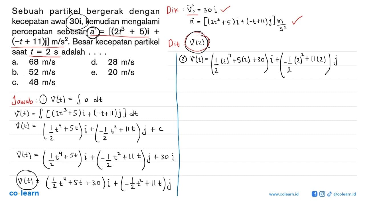 Sebuah partikel bergerak dengan kecepatan awal 30i,