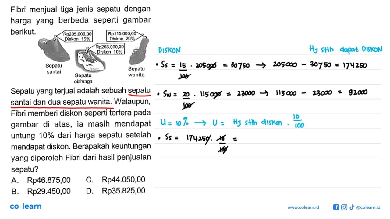 Fibri menjual tiga jenis sepatu dengan harga yang berbeda