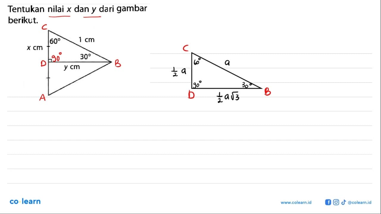 Tentukan nilai x dan y dari gambar berikut. x cm 60 1 cm 30