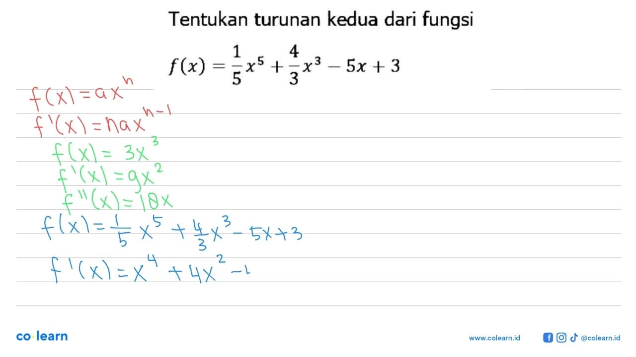 Tentukan turunan kedua dari fungsif(x)=1/5 x^5+4/3 x^3-5x+3