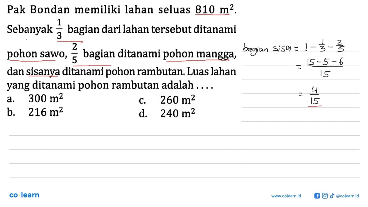 Pak Bondan memiliki lahan seluas 810 m^2. Sebanyak 1/3