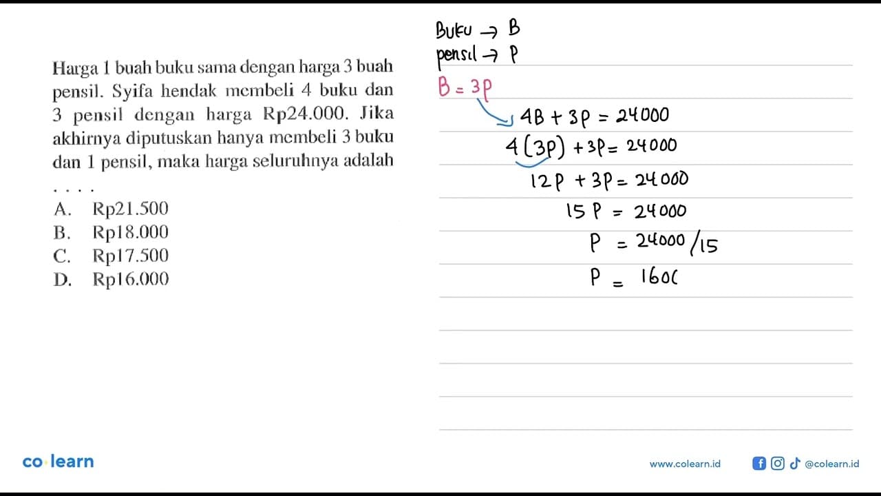 Ha1 rga buah buku sama dengan harga 3 buah pensil. Syifa