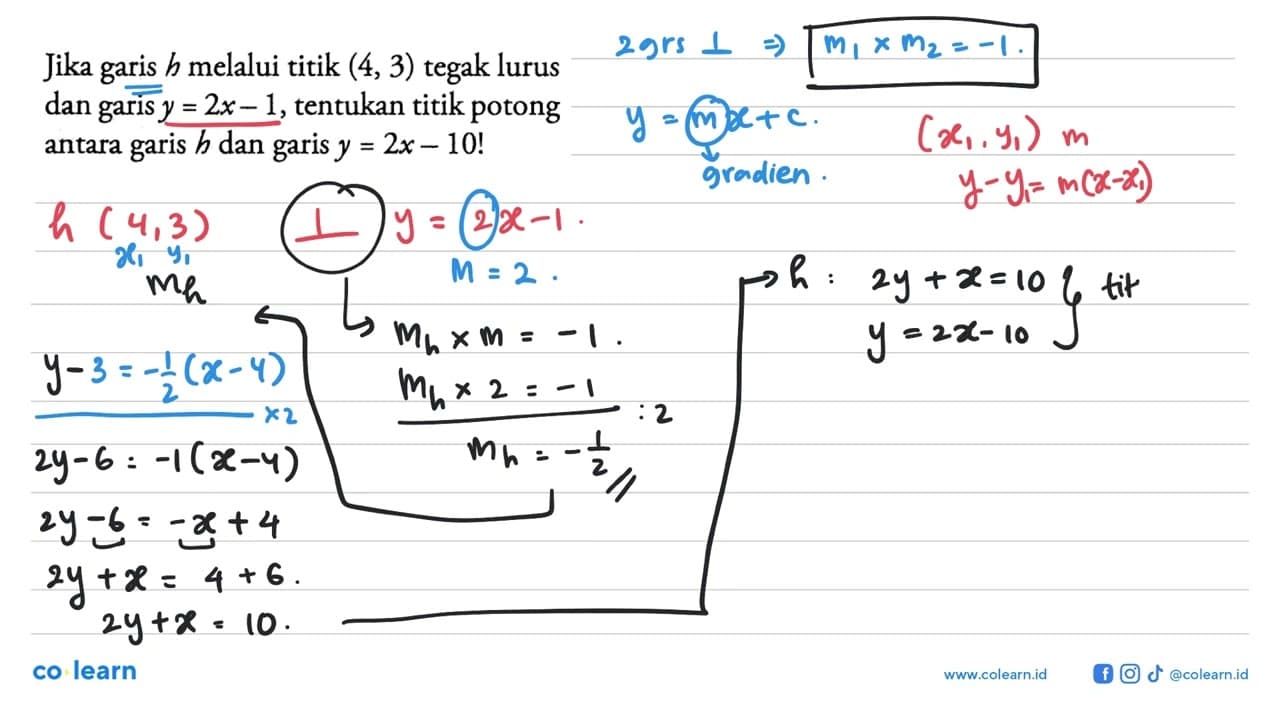 Jika garis h melalui titik (4, 3) tegak lurus dan garis y =