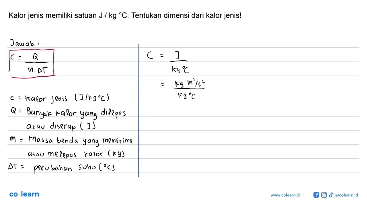 Kalor jenis memiliki satuan J/kg C. Tentukan dimensi dari