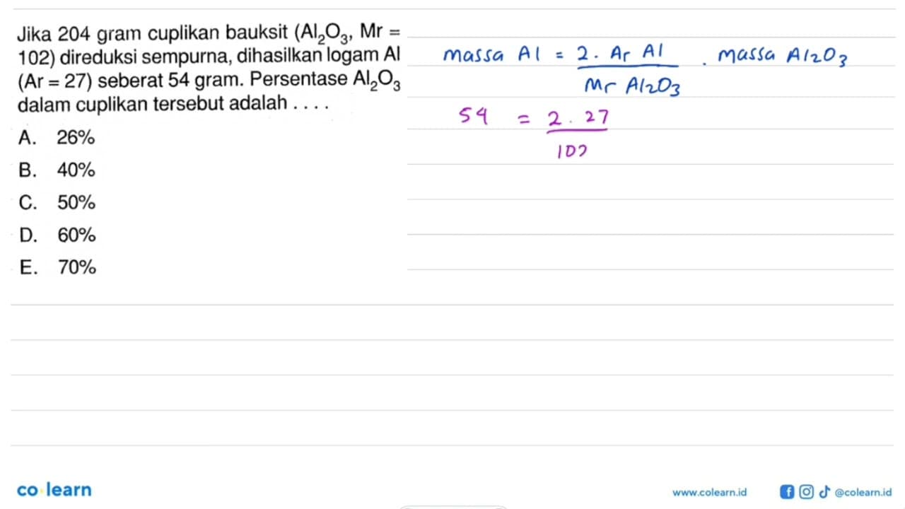 Jika 204 gram cuplikan bauksit (Al2O3, Mr=102) direduksi