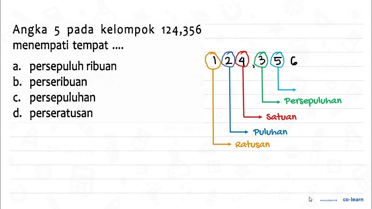 Angka 5 pada kelompok 124,356 menempati tempat ....