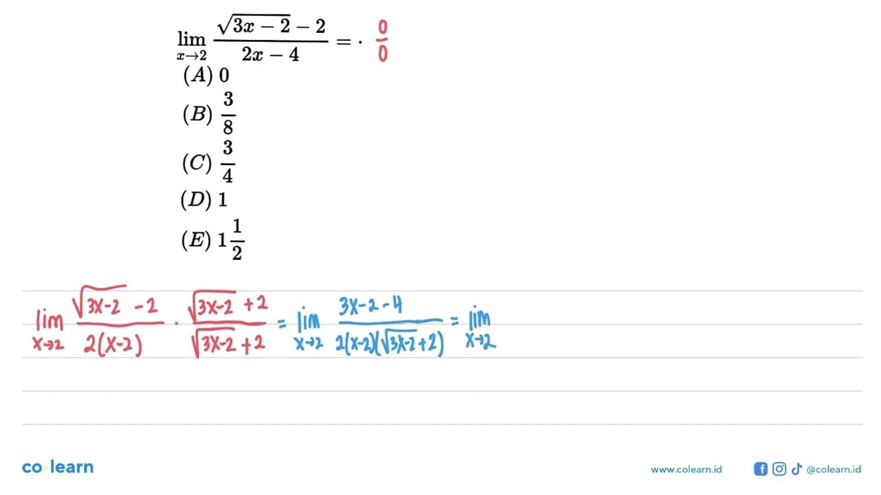 limit x->2 ((3x-2)^1/2-2)/(2x-4)=