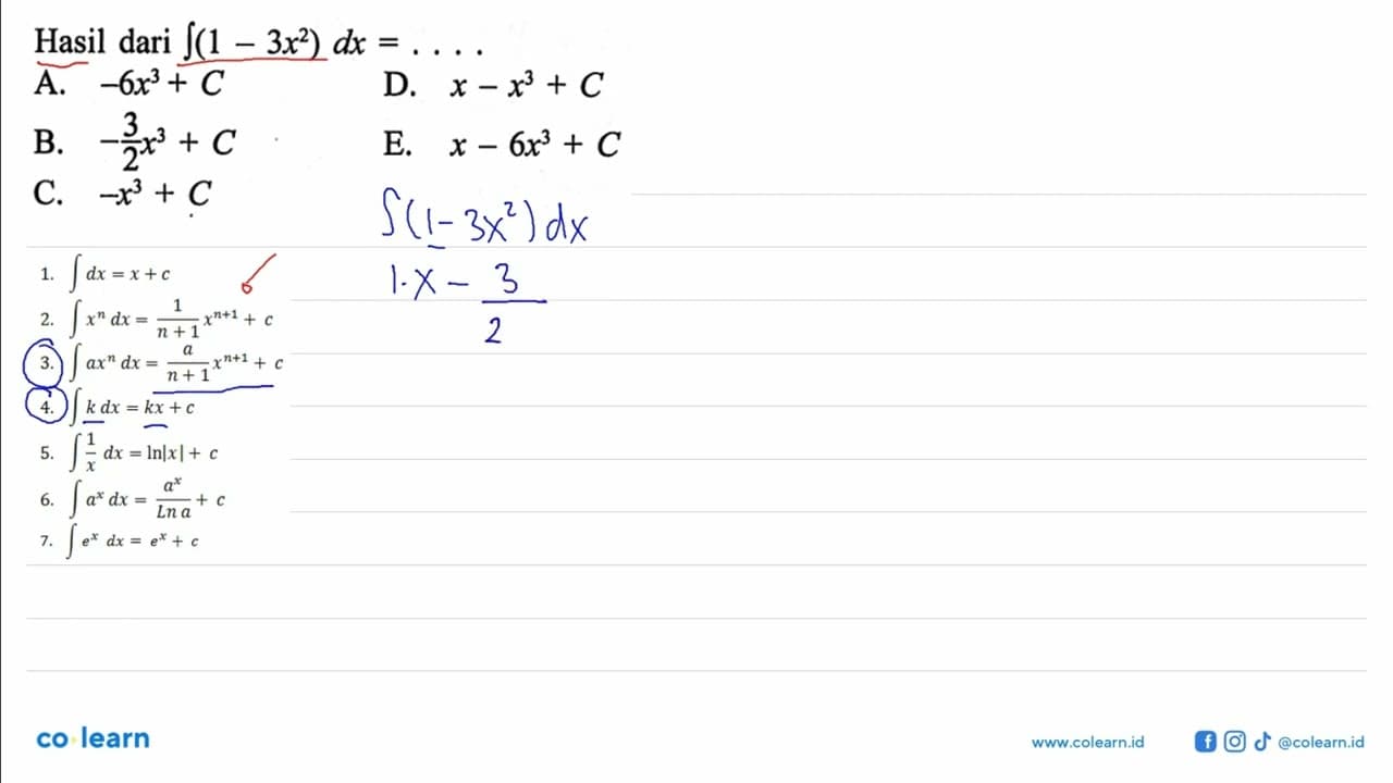 Hasil dari integral(1-3x^2) dx=...