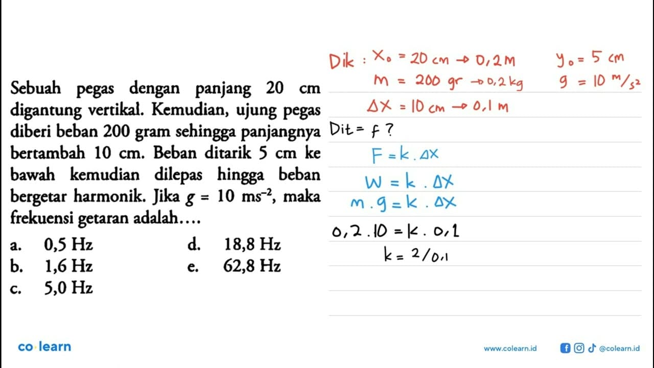 Sebuah pegas dengan panjang 20 cm digantung vertikal.