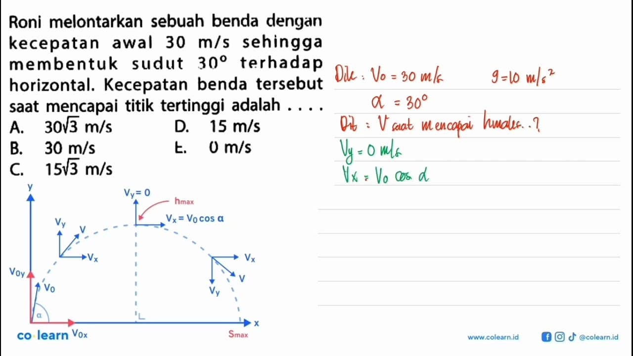 Roni melontarkan sebuah benda dengan kecepatan awal 30 m/s