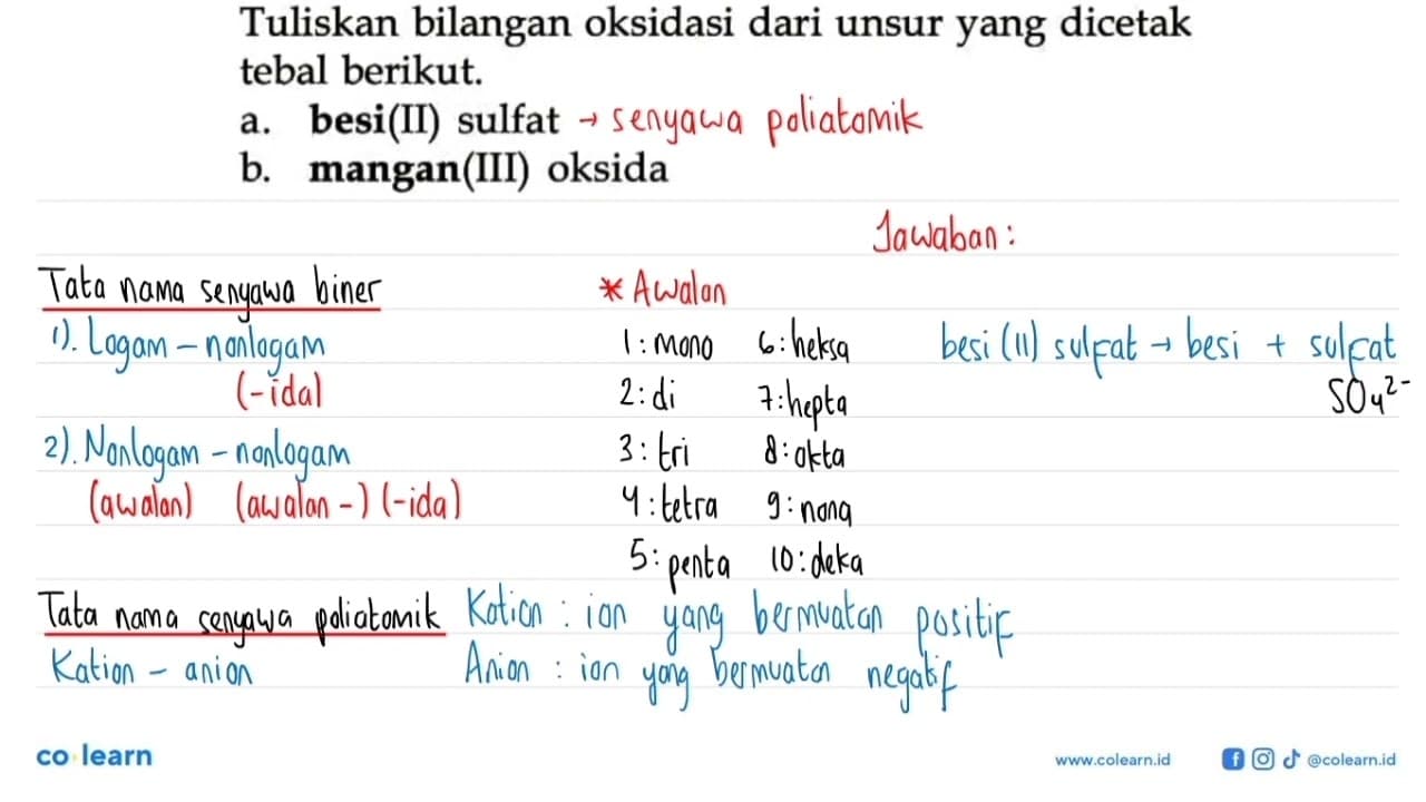 Tuliskan bilangan oksidasi dari unsur yang dicetak tebal