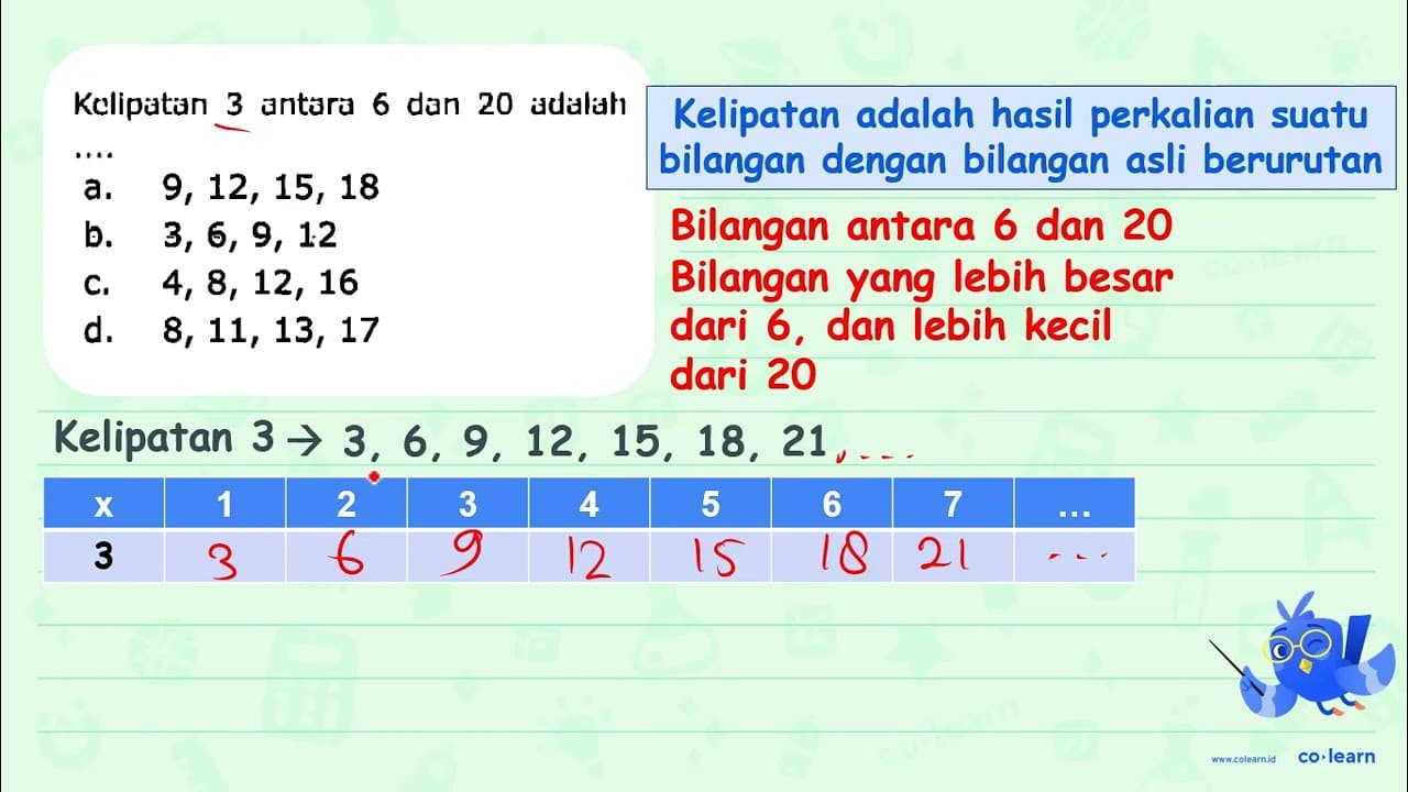 Kelipatan 3 antara 6 dan 20 adalah ....