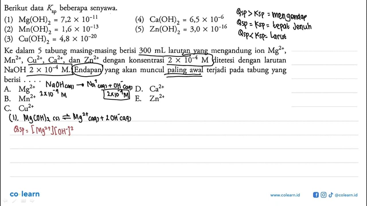 Berikut data Ksp beberapa senyawa. (1) Mg(OH)2=7,2 x