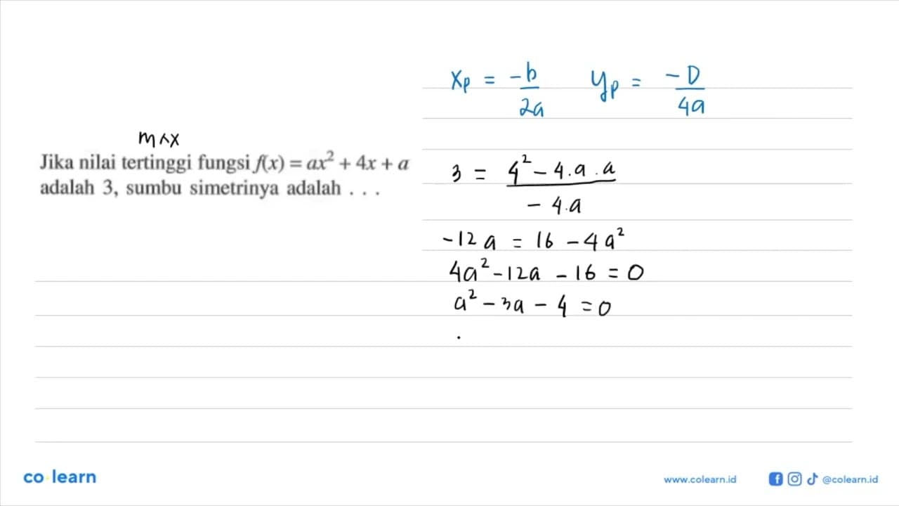 Jika nilai tertinggi fungsi f(x)=ax^2+4 x+a adalah 3, sumbu